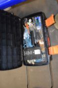 Black plastic tool box and contents