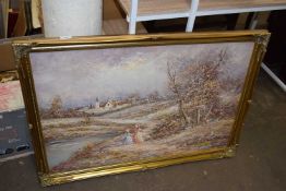 Contemporary study of two figures in a landscape, oil on canvas, gilt framed