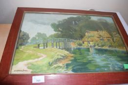Cottage by a river with a bridge by D Gordon Shirra, oil on board, framed