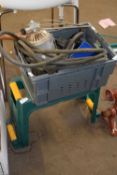 Box of various assorted tools and a plastic stool