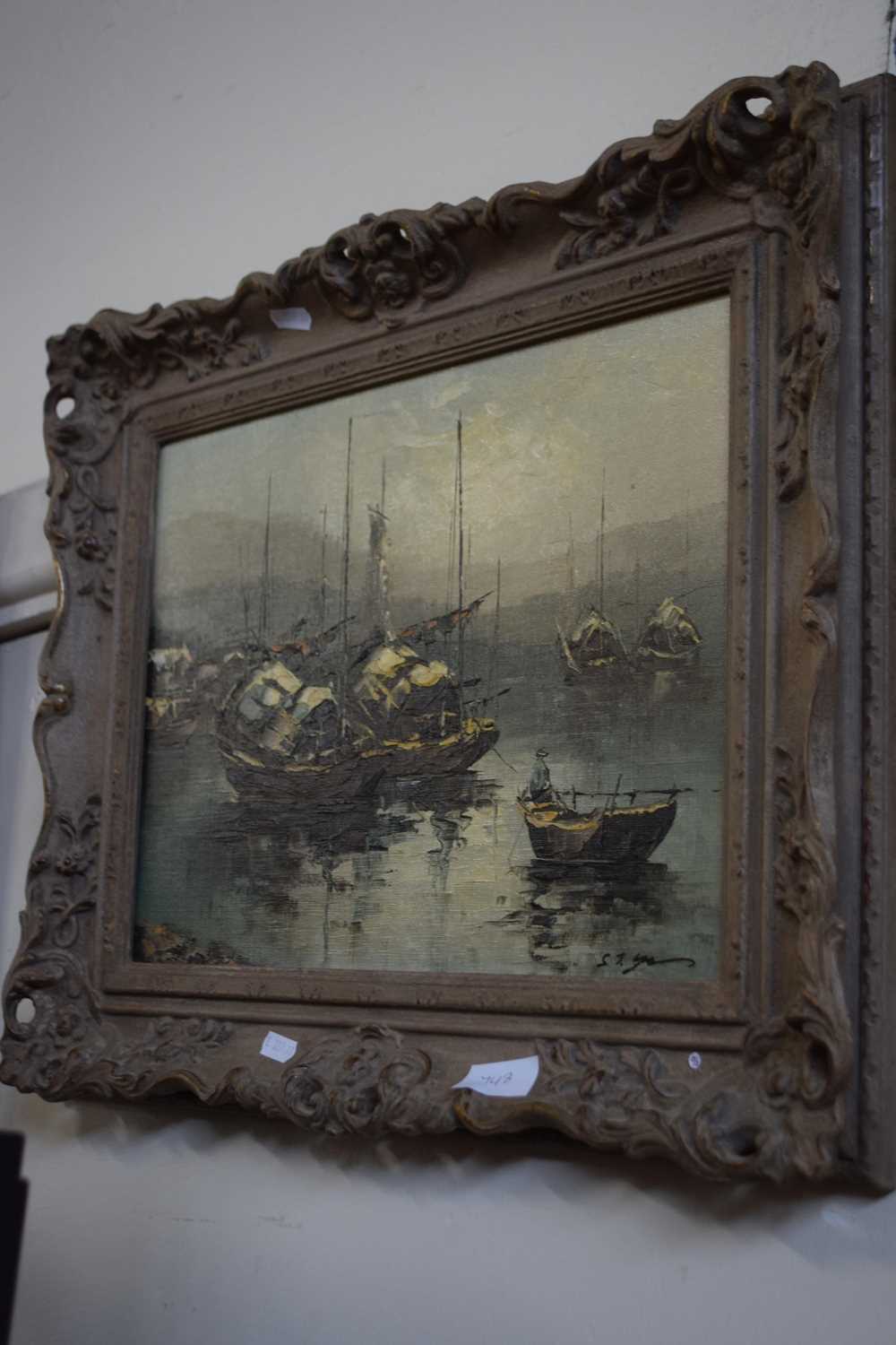 A pair of Far Eastern studies of harbour scenes with junk type boats, oil on canvas, gilt framed - Image 2 of 2