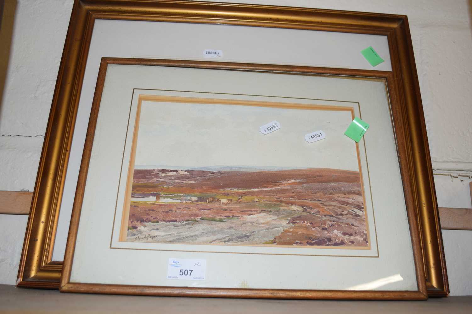 Landscape by Claude Haye, framed and glazed together with David Cox cart and horses on a track,