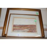 Landscape by Claude Haye, framed and glazed together with David Cox cart and horses on a track,