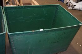Plywood and green plastic vintage laundry bin on casters