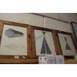 Three contemporary abstracts, pencil on paper, framed