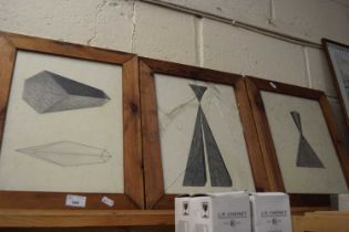 Three contemporary abstracts, pencil on paper, framed