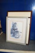 Group of three framed prints, tigers and a lynx
