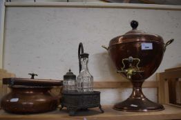 Copper and brass urn, kettle and cruet