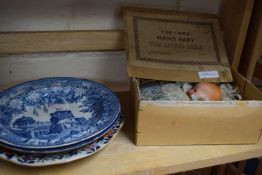 Blue and white plates, Masons Imari style plate and a "Tee-Wee" Hand Baby Living Doll, boxed