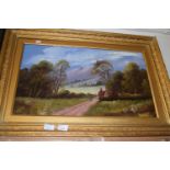 Cottage with mountains beyond oil on board in gilt frame