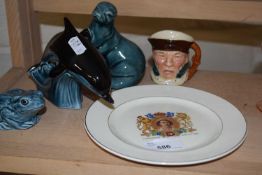 Three Poole Pottery animals together with a Lancaster character jug and a Royal commemorative plate