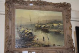 A pair of Far Eastern studies of harbour scenes with junk type boats, oil on canvas, gilt framed