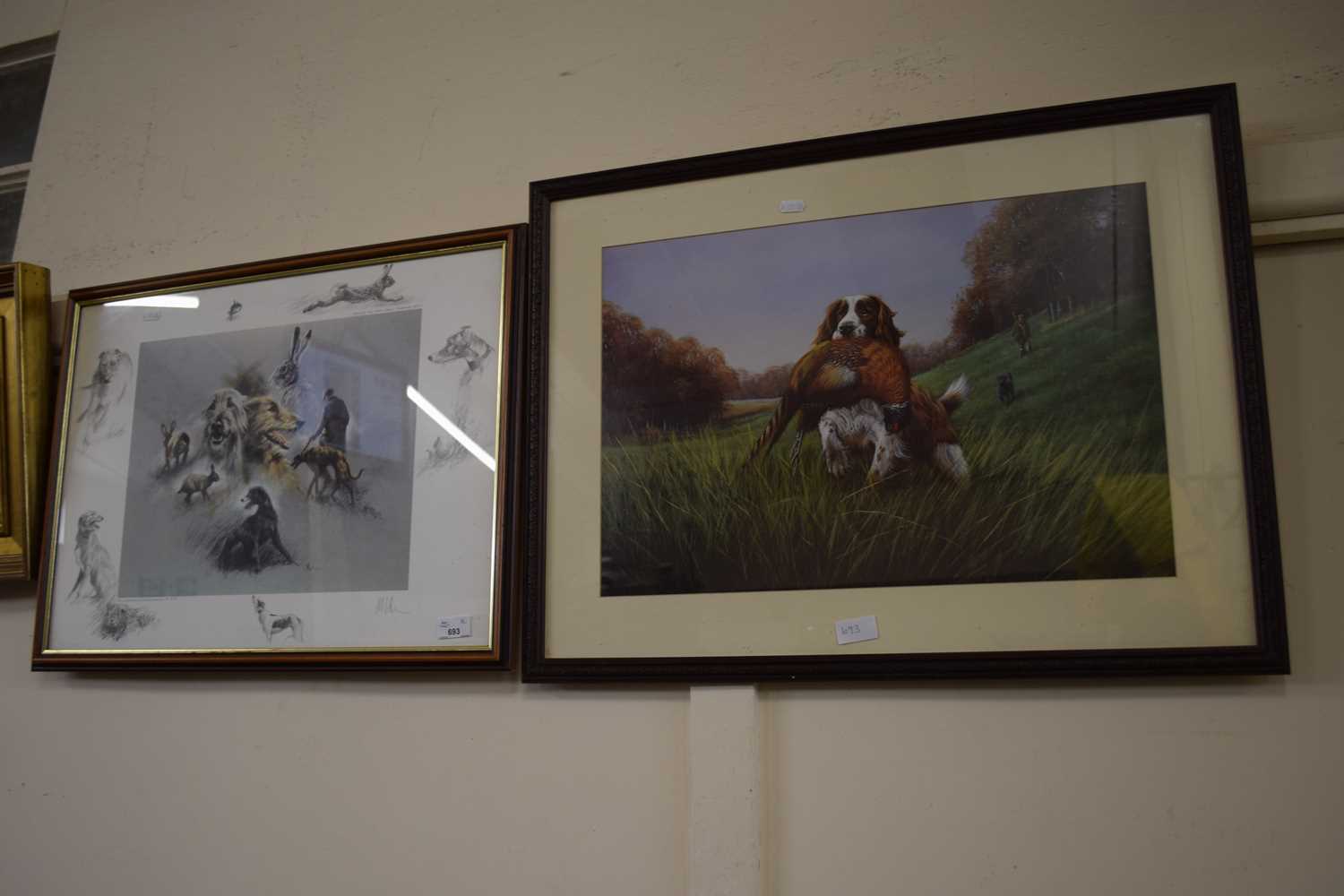 Hare coursing, reproduction print together with spaniel and a pheasant, framed and glazed (2)