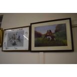 Hare coursing, reproduction print together with spaniel and a pheasant, framed and glazed (2)