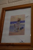 Print of a girl on the sea shore, pine frame