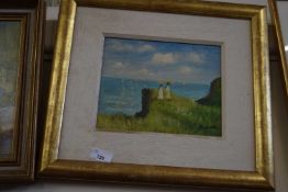 Two ladies on a cliff by B Wiles, oil on panel, gilt frame