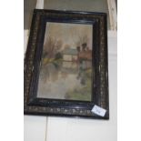 Study of a cottage by a river, oil on panel in black and gilt frame