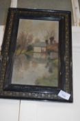 Study of a cottage by a river, oil on panel in black and gilt frame