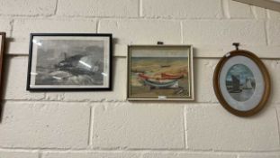 Mixed Lot: M E Colls study of fishing boats, oil on board together with a further print from the