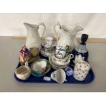 Mixed Lot: Various assorted tea and coffee wares, Victorian jug, polished stone desk photoframe