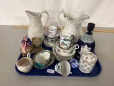 Mixed Lot: Various assorted tea and coffee wares, Victorian jug, polished stone desk photoframe