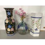 Mixed Lot: Modern ceramic stick stand, a large modern floral vase and a glass carboy decorated