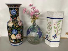 Mixed Lot: Modern ceramic stick stand, a large modern floral vase and a glass carboy decorated