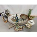 Mixed Lot: Miniature chair, fern decorated tea cup and saucer, mercury glass vase, large meat plates