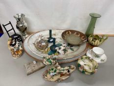 Mixed Lot: Miniature chair, fern decorated tea cup and saucer, mercury glass vase, large meat plates