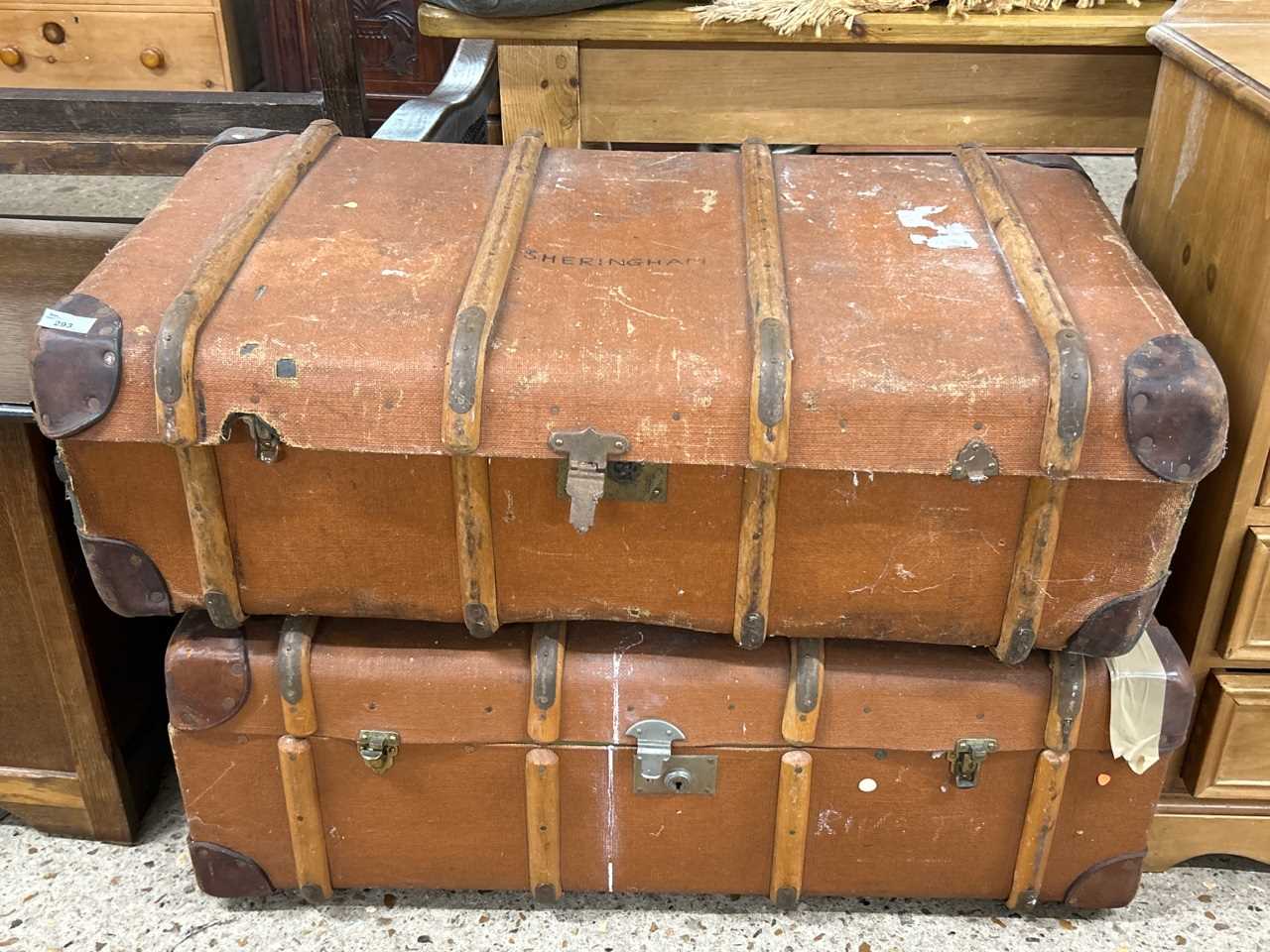 Two vintage wooden framed travel cases