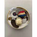 Box of various assorted commorative medals, wristwatch etc