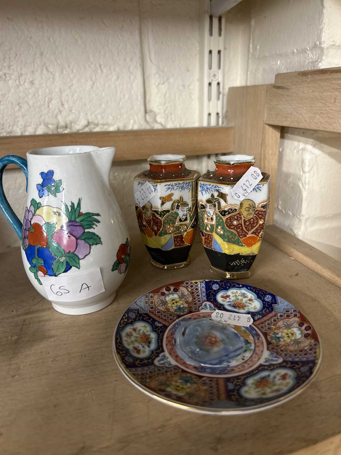 2 Small Japanese vases, Booths of England Fruit jug and a small imari ware plate