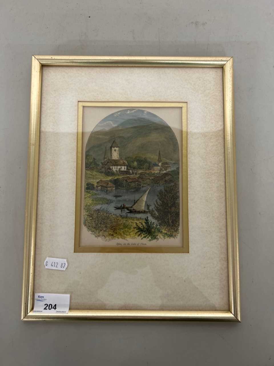 19th Century coloured Swiss print Spiez on the Lake of Thun, framed and glazed