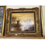 K W Hastings, study of a river scene with windmill, oil on board, gilt framed