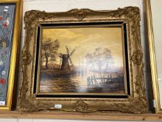 K W Hastings, study of a river scene with windmill, oil on board, gilt framed