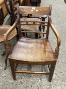 19th Century hard seat mahogany carver chair with ball and rail decoration to the back