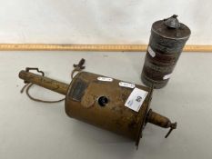 Vintage clockwork spit jack together with a further small metal covered container marked Presented