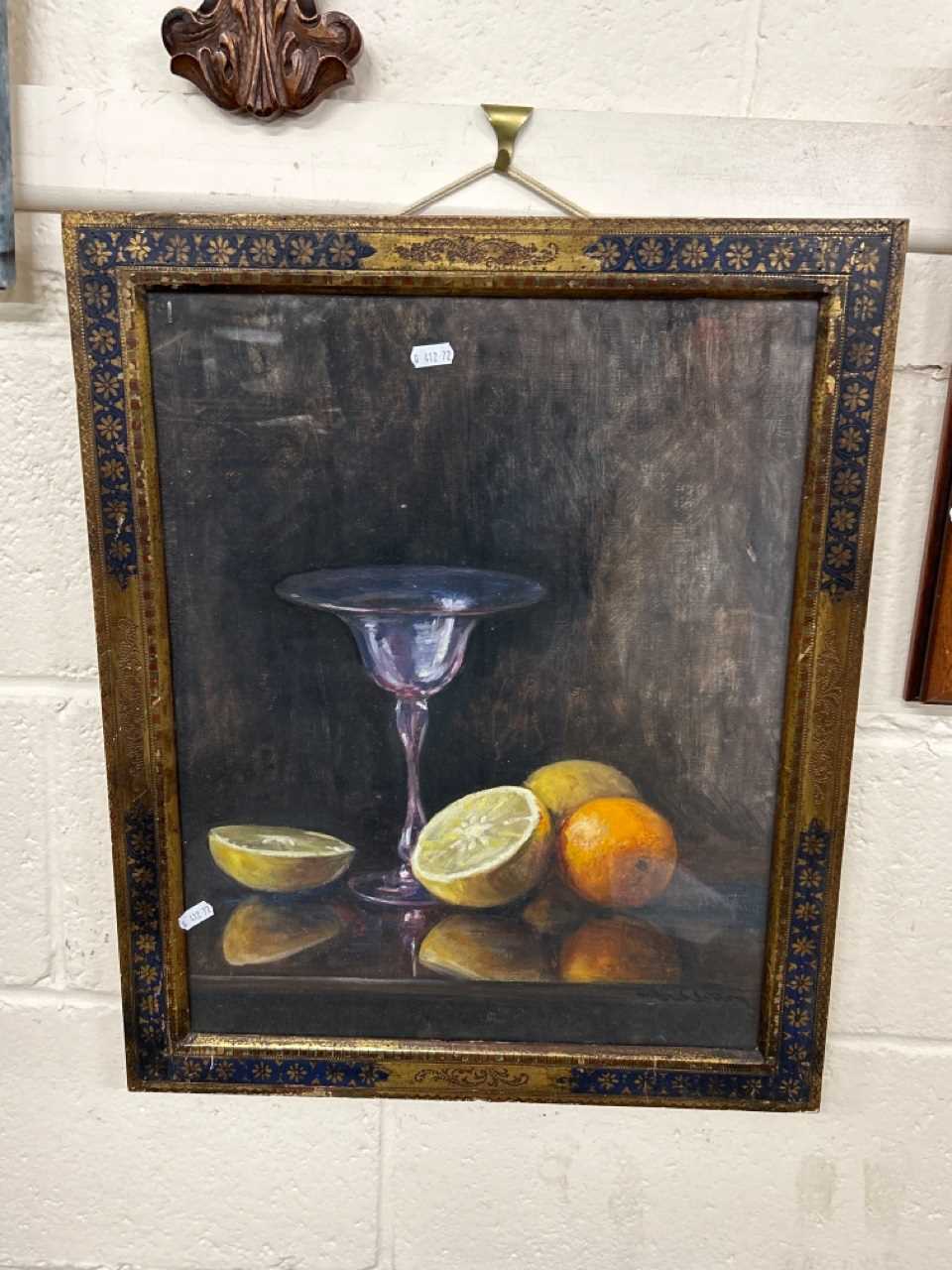 20th Century school still life study of a glass and citrus fruit framed and glazed