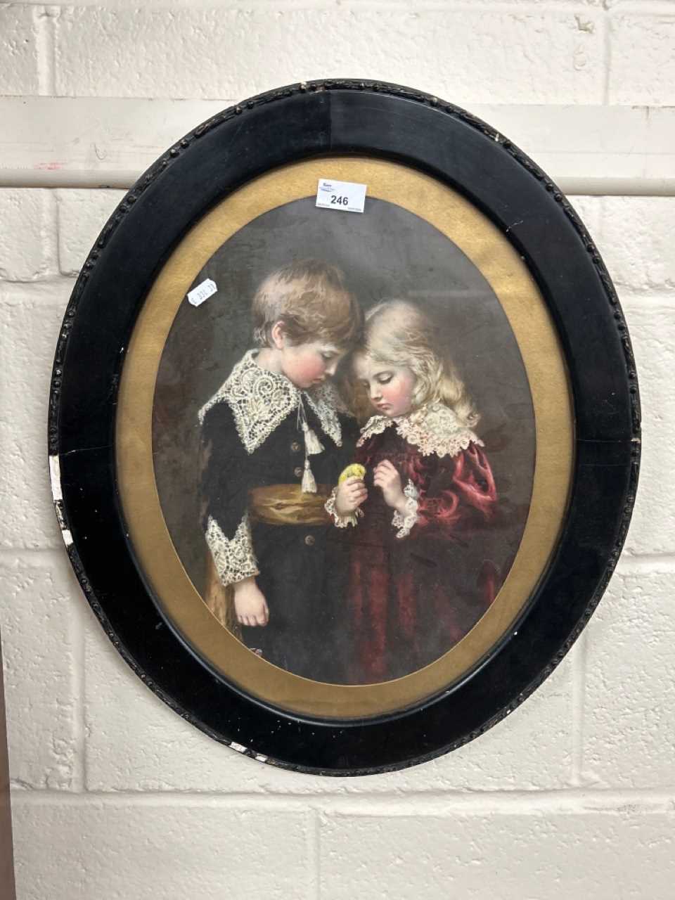 Chromolithograph print of two children with a duckling