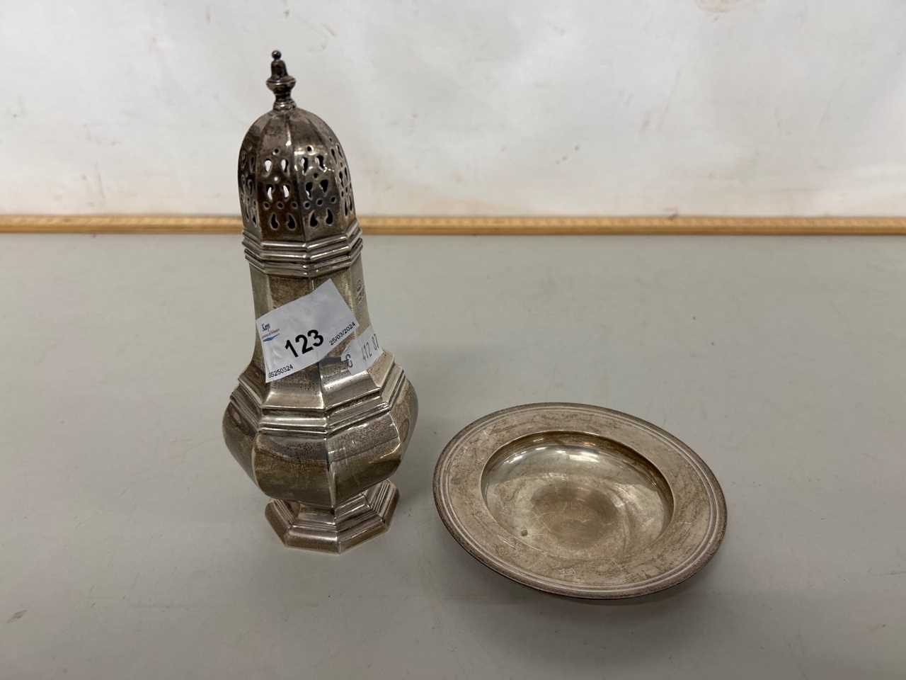 Mixed Lot: Sheffield hallmarked silver sugar caster together with a further reproduction small
