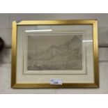 Sir George Beaumont (attributed), wash drawing, mountain scene with church, 28cm wide including