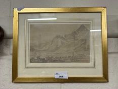 Sir George Beaumont (attributed), wash drawing, mountain scene with church, 28cm wide including