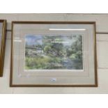 Nancy Dyson, coloured print of a riverside scene, framed and glazed