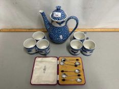 Burleigh Chanticleer coffee pot and cups decorated with cockerels together with a case of electro