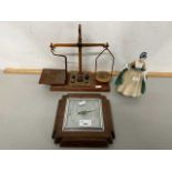 Mixed Lot: Vintage oak cased barometer, miniature beam scales with weights and a Royal Doulton