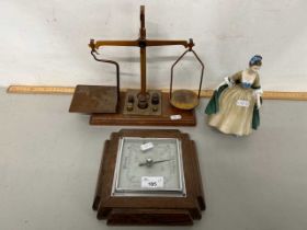 Mixed Lot: Vintage oak cased barometer, miniature beam scales with weights and a Royal Doulton