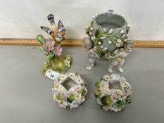 Mixed Lot: Group of continental floral encrusted vases together with a further Crown Staffordshire