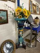 Continental Maiolica style jardiniere and stand, the stand with winged cherub decoration and