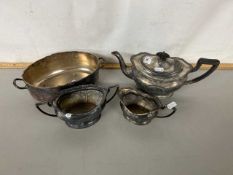 A silver plated three piece tea set and a further bowl