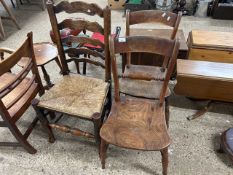 Pair of Victoria elm seated kitchen chairs together with a further Lancashire style ladderback and